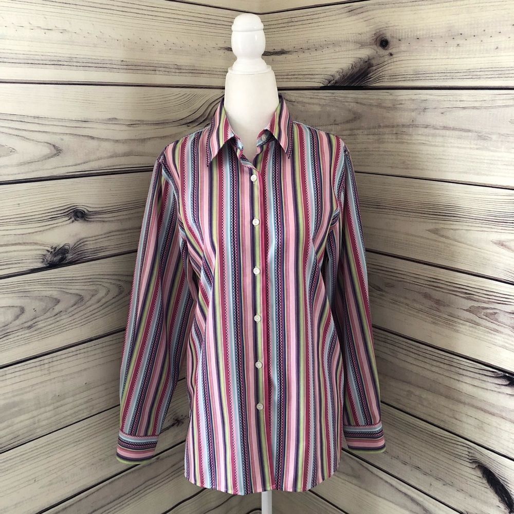 Foxcroft Colorful Striped Long Sleeve Button Down Shirt Wrinkle Free Size 4